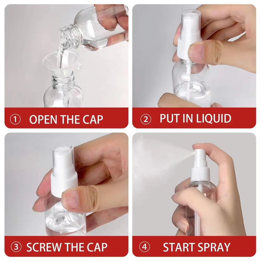 Set 3/5/10 recipiente pulverizatoare reutilizabile din plastic PET transparent – 10ml, 30ml, 50ml, 60ml, 100ml – pentru parfum sau lichide, portabile