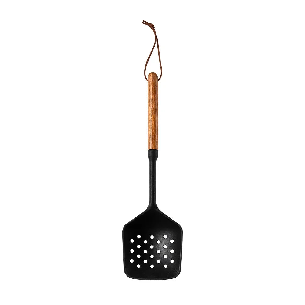 Set 7 piese ustensile de bucătărie din silicon cu mâner de lemn – unelte antiaderente: spatulă, strecurătoare, lingură pentru supă, lopățică și alte accesorii de bucătărie