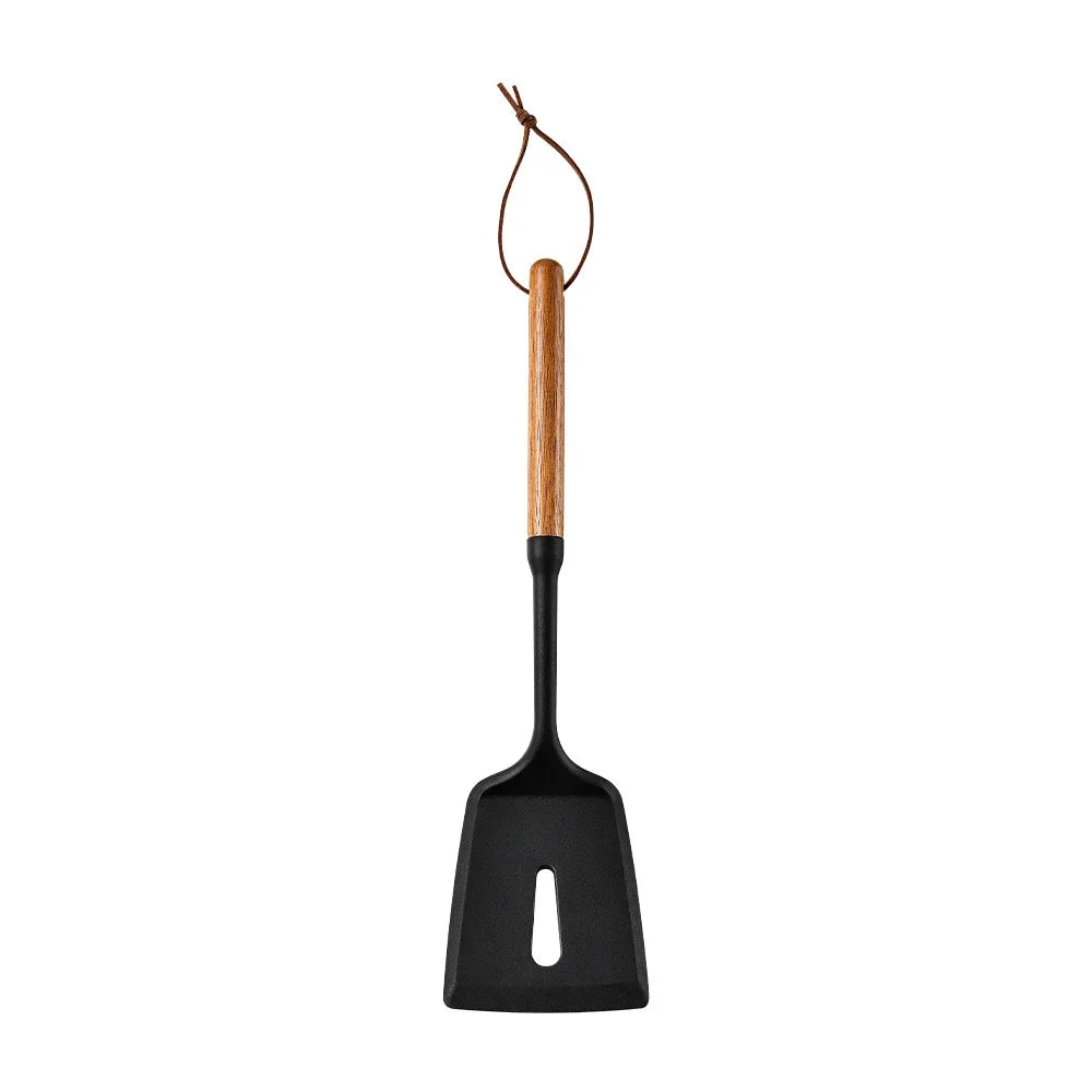 Set 7 piese ustensile de bucătărie din silicon cu mâner de lemn – unelte antiaderente: spatulă, strecurătoare, lingură pentru supă, lopățică și alte accesorii de bucătărie