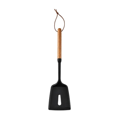Set 7 piese ustensile de bucătărie din silicon cu mâner de lemn – unelte antiaderente: spatulă, strecurătoare, lingură pentru supă, lopățică și alte accesorii de bucătărie