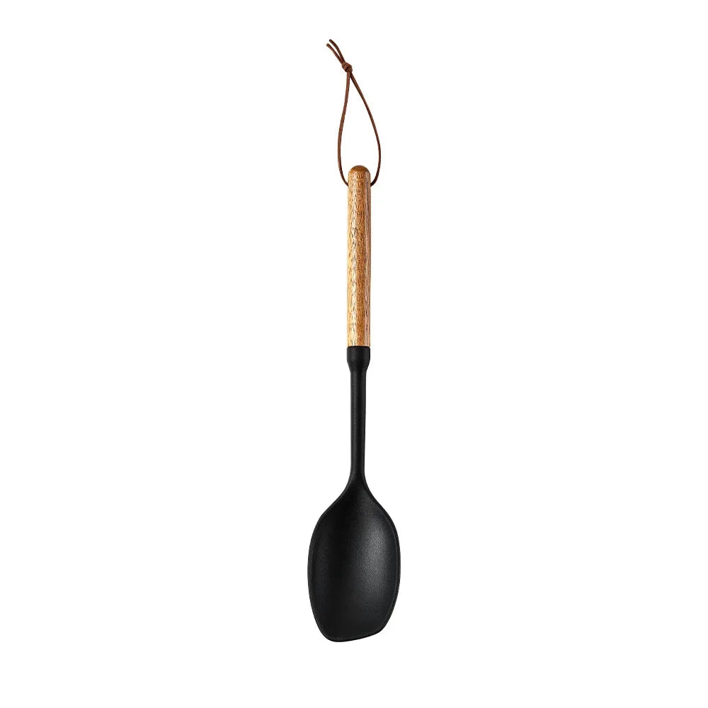 Set 7 piese ustensile de bucătărie din silicon cu mâner de lemn – unelte antiaderente: spatulă, strecurătoare, lingură pentru supă, lopățică și alte accesorii de bucătărie