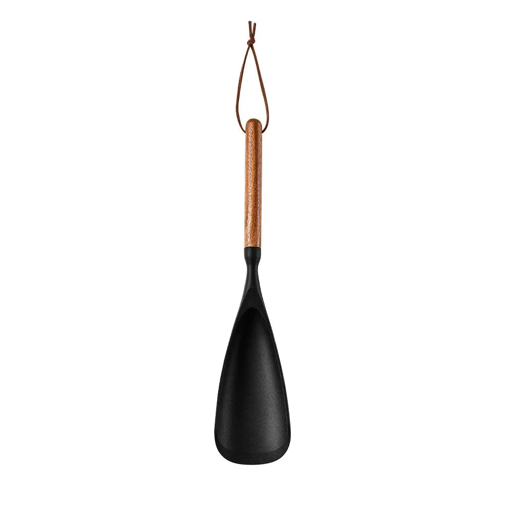 Set 7 piese ustensile de bucătărie din silicon cu mâner de lemn – unelte antiaderente: spatulă, strecurătoare, lingură pentru supă, lopățică și alte accesorii de bucătărie