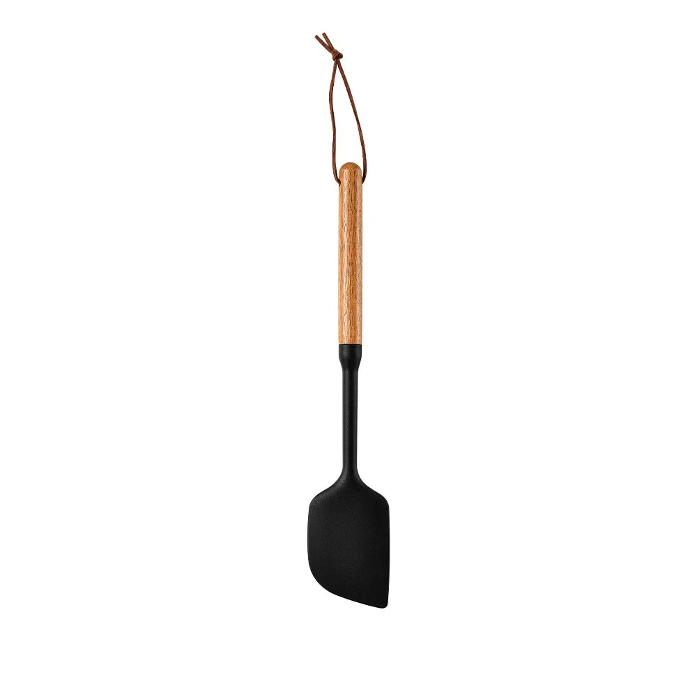 Set 7 piese ustensile de bucătărie din silicon cu mâner de lemn – unelte antiaderente: spatulă, strecurătoare, lingură pentru supă, lopățică și alte accesorii de bucătărie